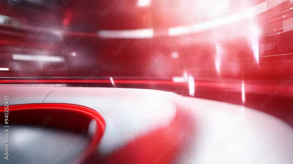Poster abstract red and white futuristic backdrop with blurred circular elements and light streaks