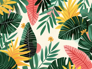 Tropical leaves form an abstract jungle background, blending vivid colors and patterns for a dynamic visual effect