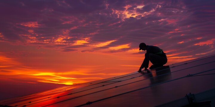 A worker is silhouetted against a vibrant sunset as they install solar panels on a rooftop. This stock image captures the essence of green energy and the power of solar technology.