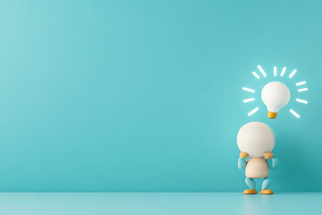 A creative character with a light bulb above its head, symbolizing inspiration and new ideas against a soft blue background.