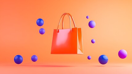 Modern vibrant shopping bag floating with colorful spheres on an orange background, representing online shopping and retail concepts.