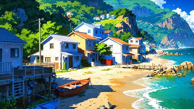 picturesque coastal village with colorful houses a sma background