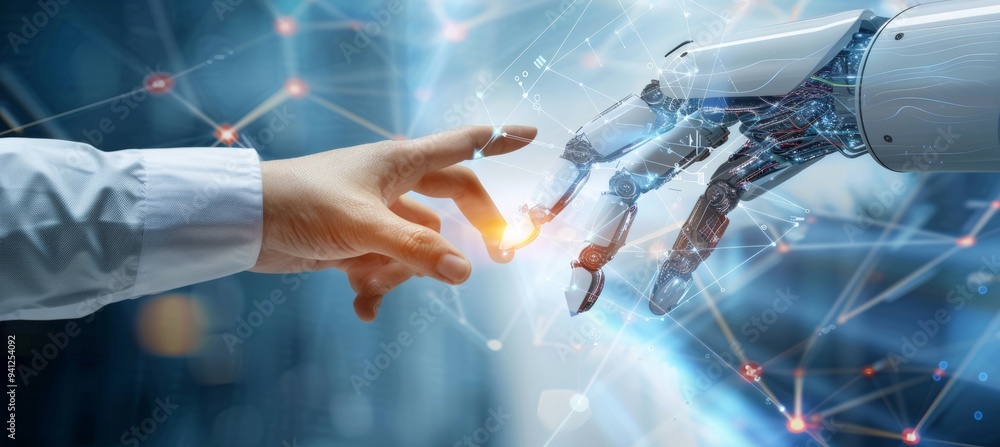 Poster human and robotic hands touching amidst digital data connections and code swirls