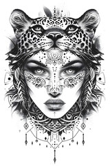 Fototapeta premium Beautiful womans face wearing leopard costume very simple traditional tattoo flash styles illustration