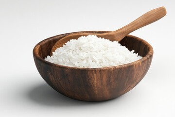 A bowl of uncooked white rice with a wooden spoon, perfect for culinary and food-related imagery.