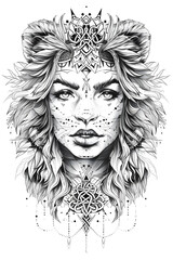Beautiful womans face wearing lion costume very simple traditional tattoo flash styles illustration