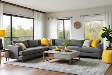 Modern Living Room with Gray Sectional Sofa, Yellow Pillows, and a Coffee Table