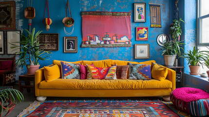 A vibrant and colorful living room with bold patterns, eclectic artwork, and a mix of textures, creating a lively and dynamic space