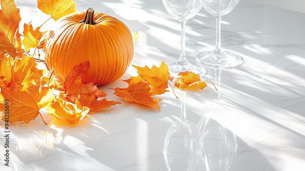 Poster an image of a pumpkin perched atop a white table, surrounded by a glass of wine and an array of autu