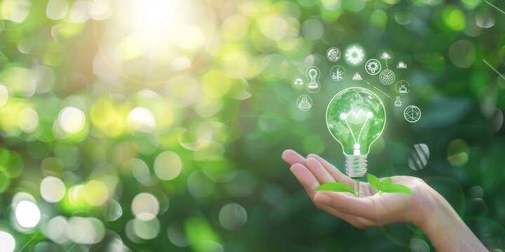 A conceptual image of a hand holding a glowing green lightbulb in a lush environment represents ecofriendly energy solutions, ideal for promoting green energy and environmental initiatives
