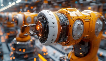 Obraz premium Mechanized industry robot and robotic arms for assembly in factory production. Concept of artificial intelligence for industrial revolution and automation manufacturing process