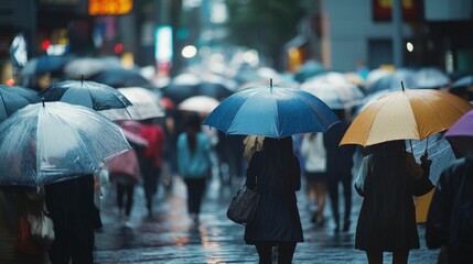 Obraz premium People walking with umbrellas in the rain on a city street.