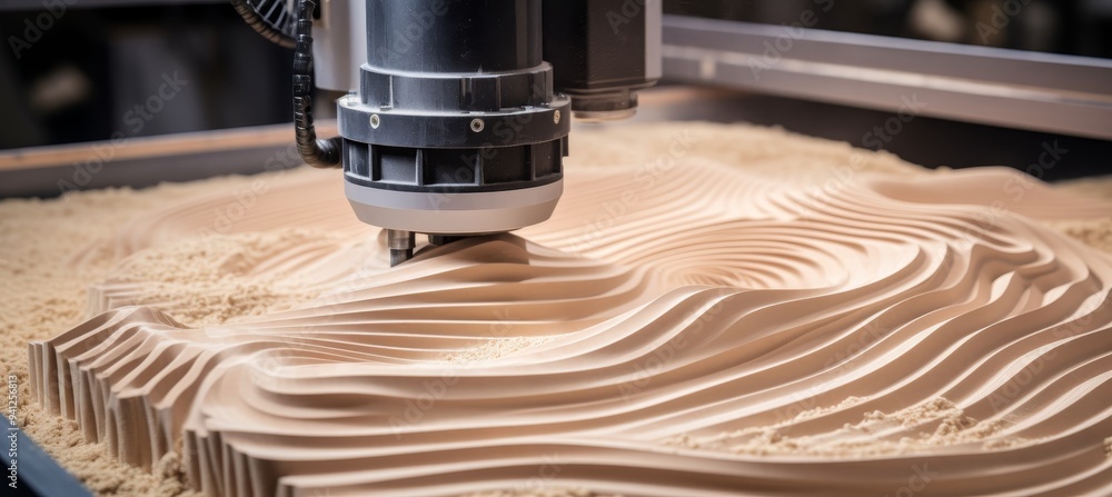 Poster precision cnc router sculpting detailed design on wood with intricate lines and textures