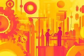 Obraz premium Colorful workplace with oversized gears, teamwork symbolism, modern flat design, warm energetic palette