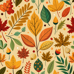 Autumn foliage seamless pattern vector illustration, plaid seamless autumn pattern	