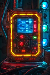 Obraz premium Retrofuturistic sci-fi handheld monitor screen device with led buttons and glowing frame