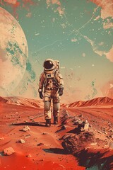 Sci-fi astronaut space traveler examining the rocks of another planet's surface