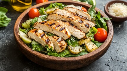 A vibrant salad with grilled chicken, tomatoes, and greens in a wooden bowl.