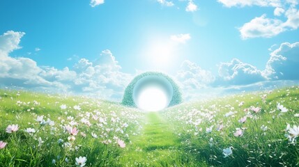 A white tunnel stands in a green field, inviting exploration under a bright blue sky.