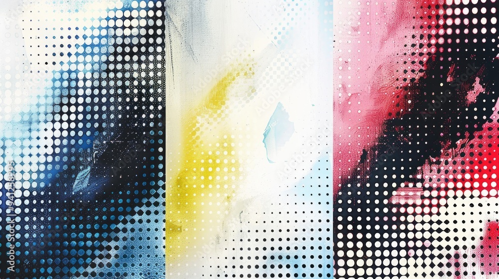 Poster a close-up view of an abstract painting featuring numerous dots in various colors and sizes