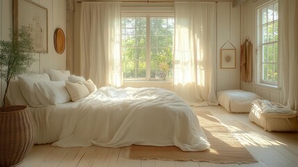 serene farmhouse bedroom soft natural light filtering through sheer curtains rustic wooden elements creating cozy atmosphere