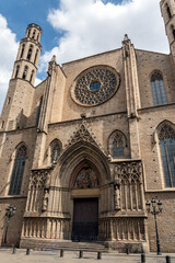 Facade of the Basilica of Santa Maria del Mar, Barcelona, Spain, showcasing its Gothic architectural style and historical significance