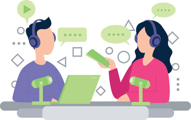 A boy and a girl are talking in a podcast.