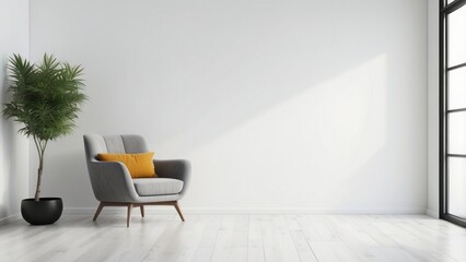 Fototapeta premium Grey Armchair with Yellow Cushion in Minimalist Room with Plant