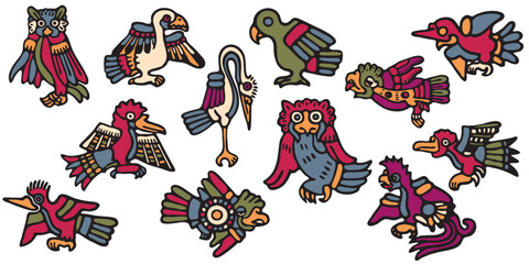 A set of tribal birds. Aztec style Mexican designs