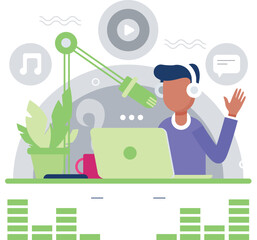 A guy is doing a podcast.