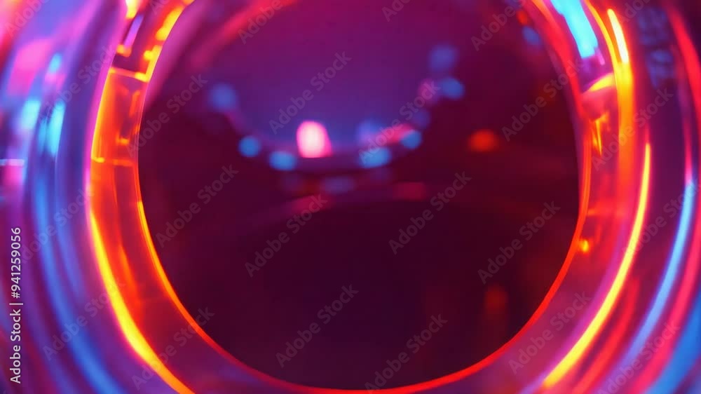 Poster glowing neon rings stacked in a futuristic design, creating a vibrant and dynamic abstract pattern
