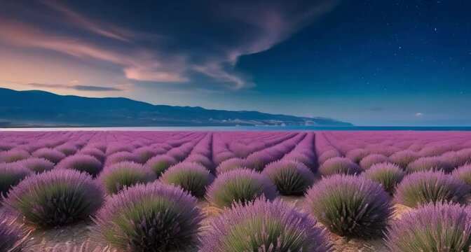 lavender fields at dusk, purple flowers stretching to the horizon.