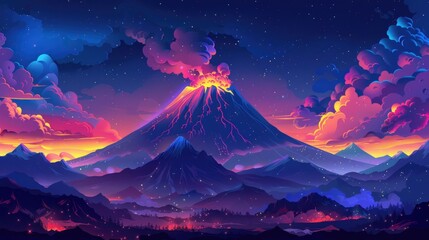 Erupting Volcano with Night Sky and Mountain Range