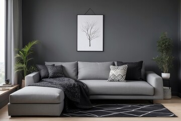 Modern living room with grey sectional sofa, black throw, and geometric rug