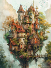 A beautiful painting depicting a whimsical fairy house situated in the midst of an enchanting forest, with a butterfly gracefully flying above it