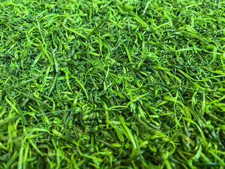 Close up photo of Green synthetic grass made from plastic or rubber is commonly used for sports fields or as a decoration for home lawns