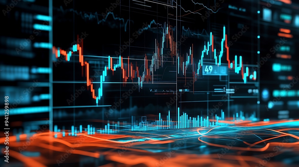 Poster intricate stock market trading interface with dynamic graphs, dark backdrop
