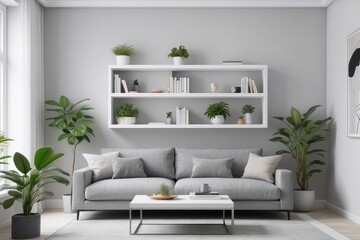 Minimalist Living Room with Grey Sofa and White Shelves