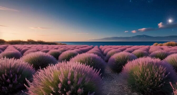 lavender fields at dusk, purple flowers stretching to the horizon.