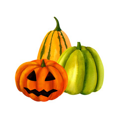 Halloween composition of orange and green pumpkins with jack-o'-lanterns, Festive autumn mood for decoration, printing on postcards, stickers, invitations, textiles and paper