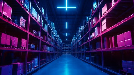 Fototapeta premium Futuristic warehouse at night with neon lights, organized chaos, long exposure effect