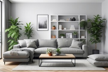 Fototapeta premium Modern living room with sectional sofa, coffee table, and plants