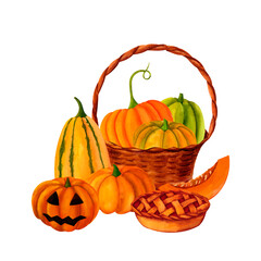 Halloween composition of orange and green pumpkins basket with jack-o'-lanterns, apple pie and autumn leaves. Festive fall mood for decoration,postcards, stickers, invitations, textiles and paper