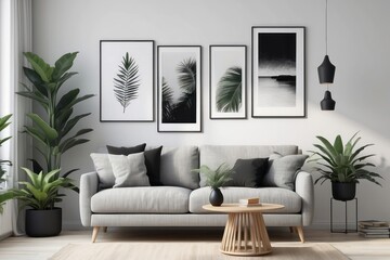 Modern Living Room with Gray Sofa and Black and White Framed Art