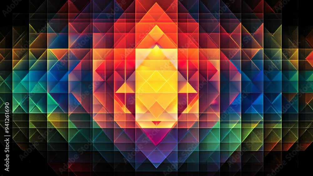 Poster abstract geometric pattern with overlapping colorful triangles and a glowing central shape