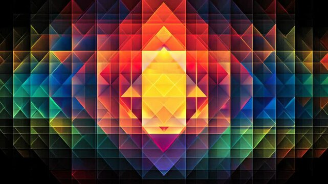 Abstract geometric pattern with overlapping colorful triangles and a glowing central shape