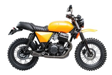 Fototapeta premium A motorcycle with a simple design and minimal accessories is placed on a clean white background