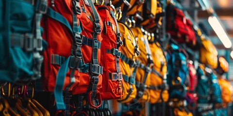 Fototapeta premium An portrait&nbsp;of a well-organized industrial safety harness and fall protection equipment arranged in a row against a hazy background and space for text, Generative AI.