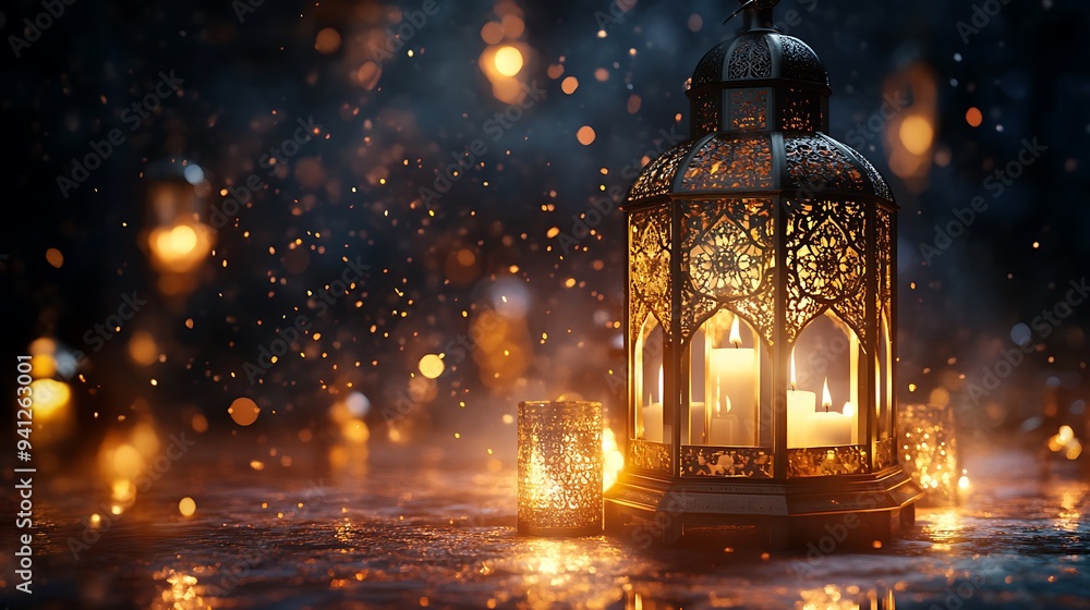 Poster ornate lantern with flickering candles in front of bokeh lights.