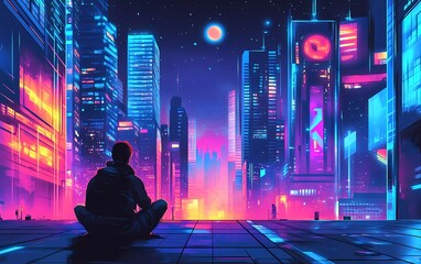 Stylized vector illustration of a futuristic cityscape with towering skyscrapers and neon lights, a cyberpunk theme,